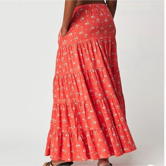 Free People NOVA Coral Floral Tiered Maxi Skirt - Elastic Waist with Drawstring - Picture 2 of 13